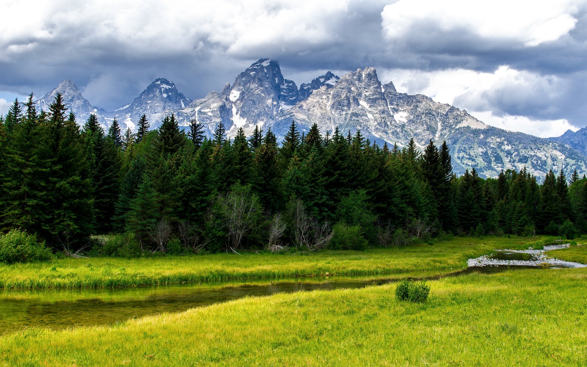 park narodowy grand teton góry las drzewa rzeka strumień natura