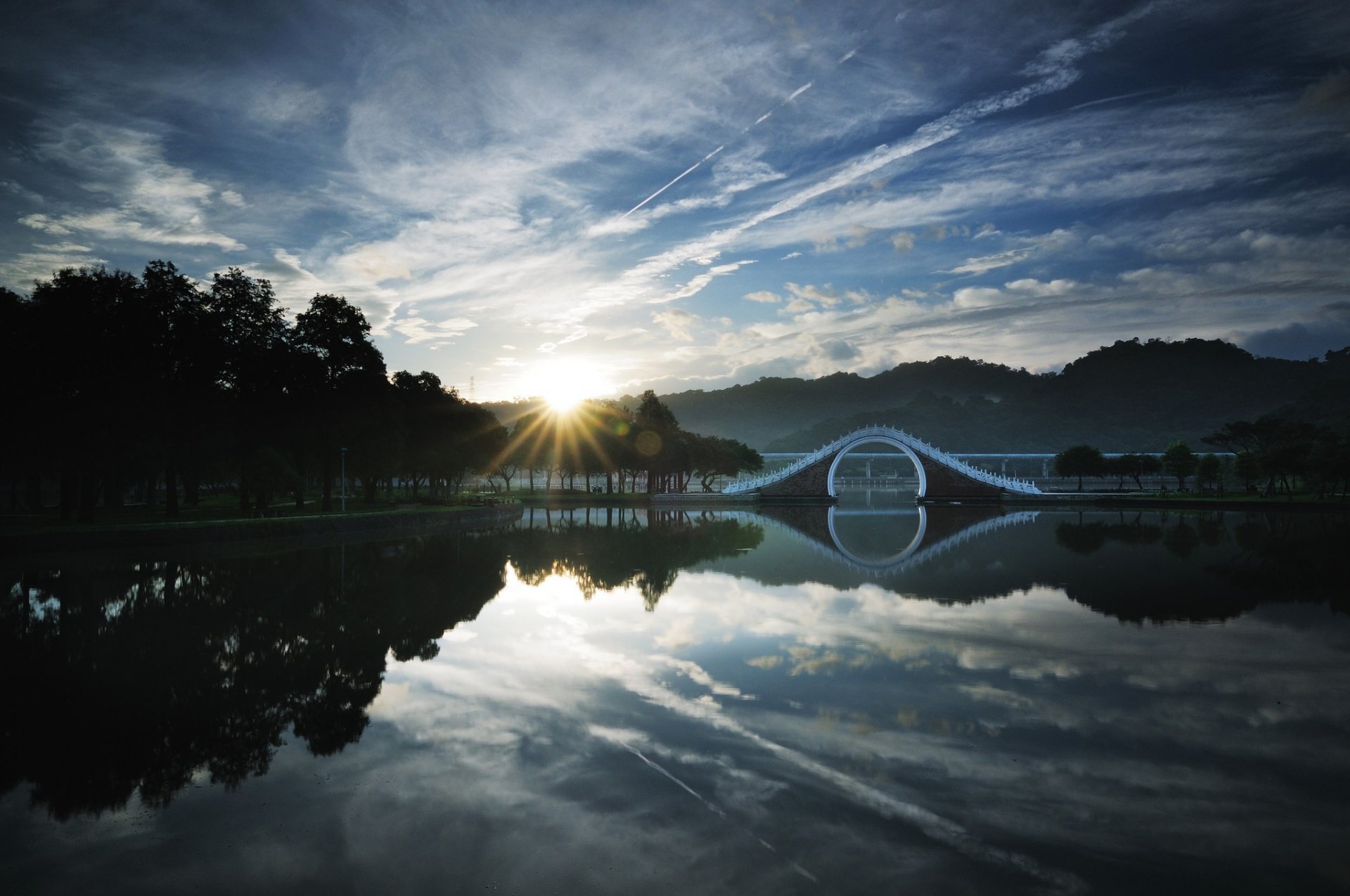 china taipei lake bridge sunrise tree sky clouds forest