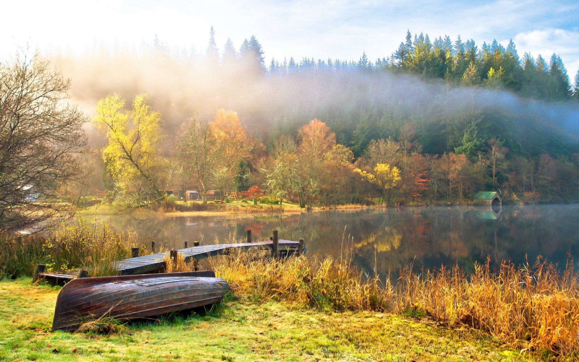 nature landscape sky clouds lake water boat tree autumn