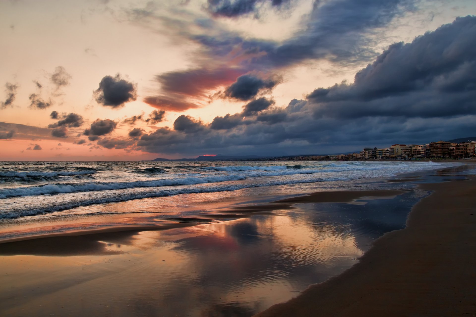 greece crete island town resort rethymno houses shore sand sea evening sunset sky clouds cloud