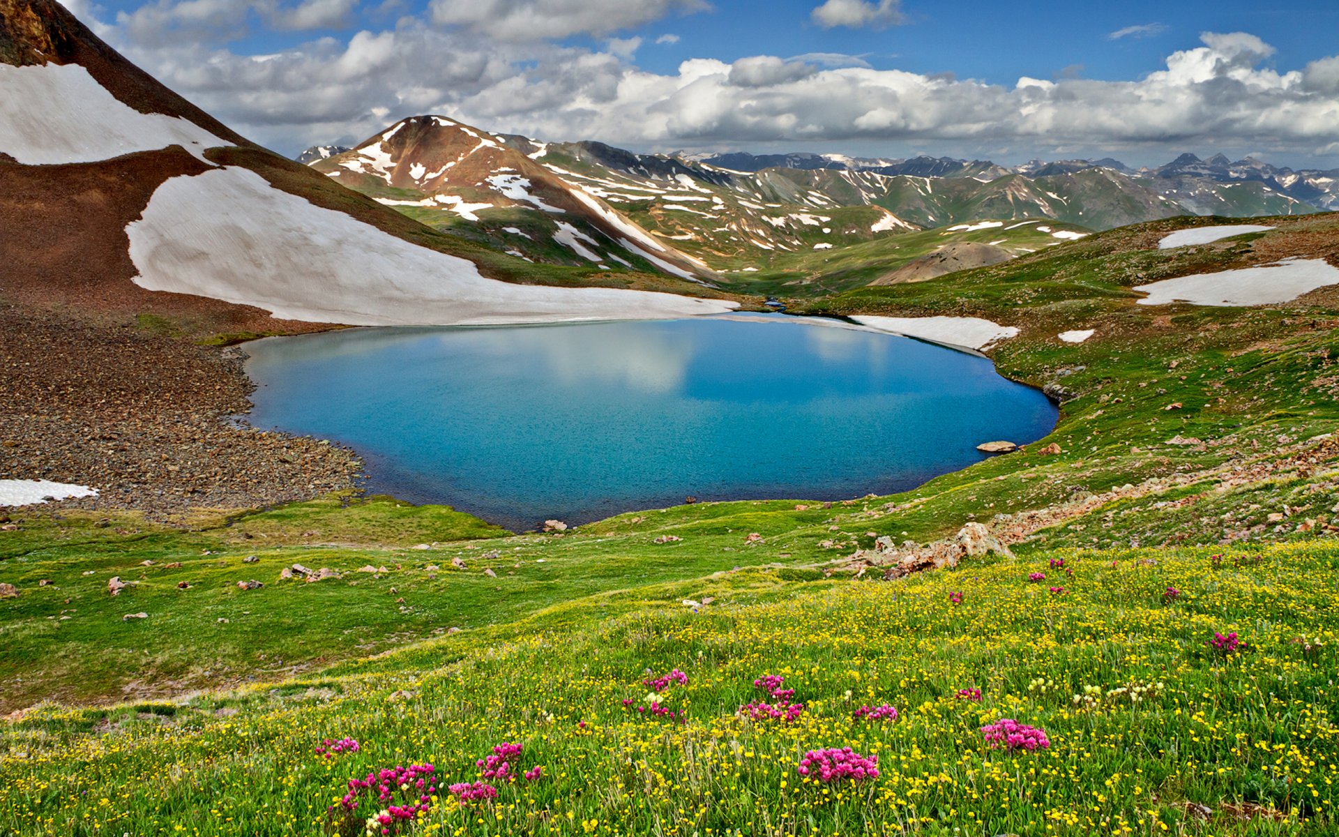 nature paysage ciel nuages montagnes lac printemps herbe