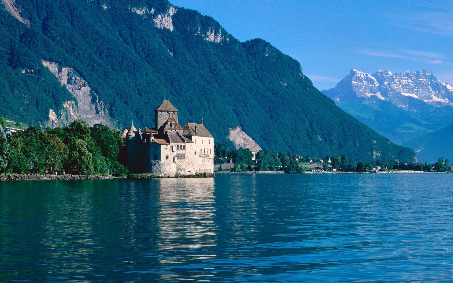 ummer lake mountain forest castle houses sky