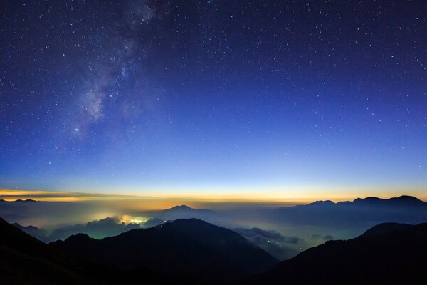 The Milky Way in the mountains at dawn