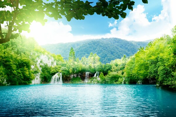 Blaues Meer mit Wasserfall und grünem Wald