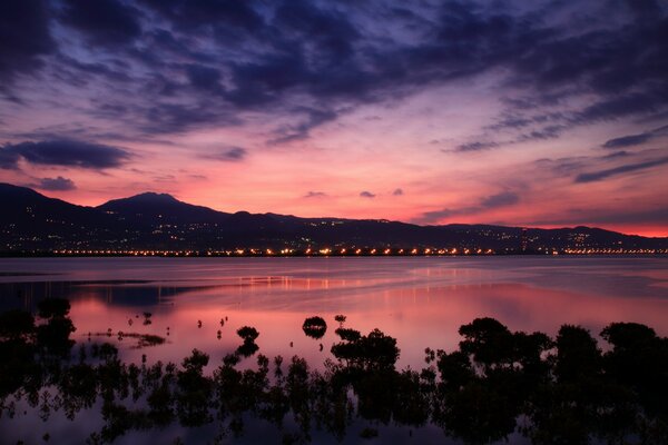 Pink lilac sky on the coast of China