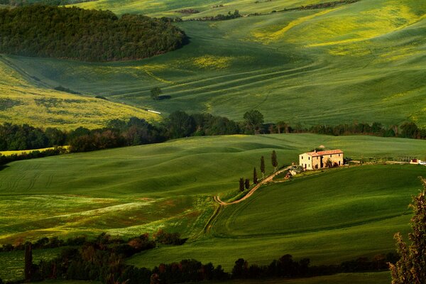 Green hills and fields around the ancient castle