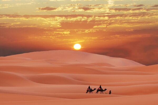 Caravana en el desierto al atardecer