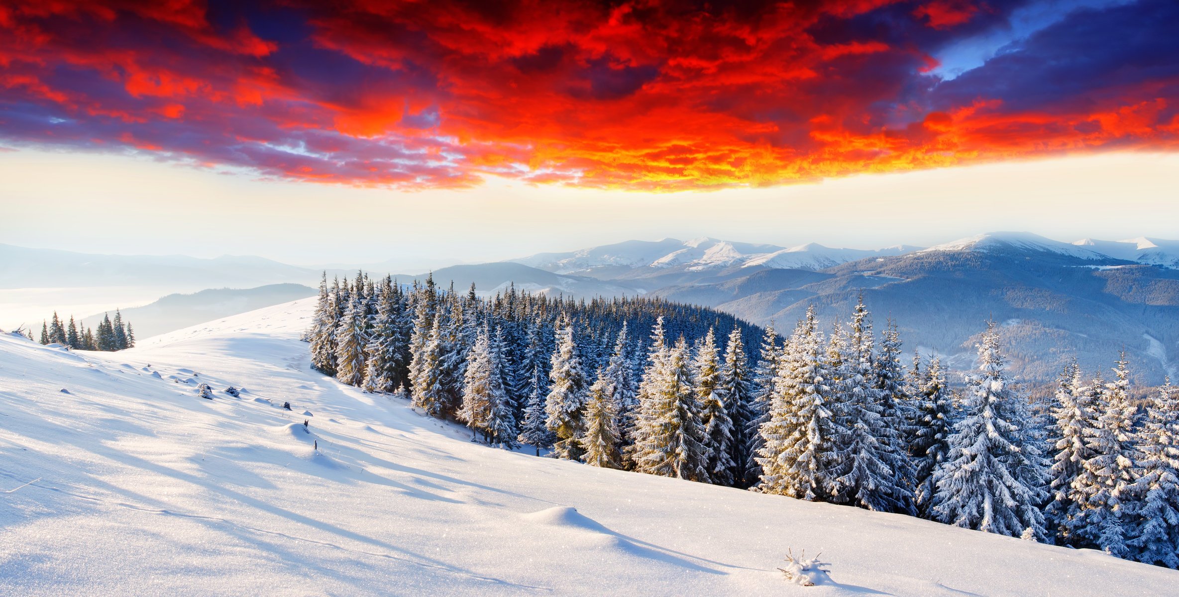 mountain snow winter dawn glow clouds forest