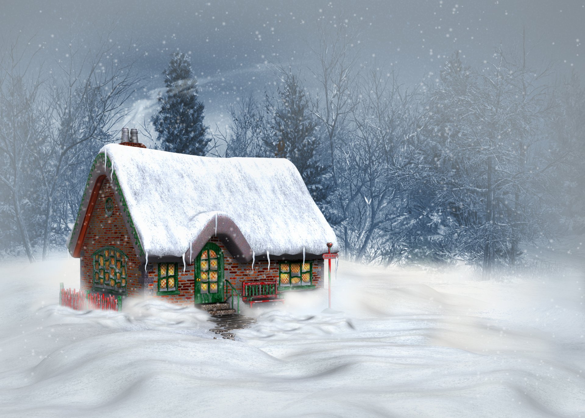 nature landscape snow winter house tree mountain christmas new year