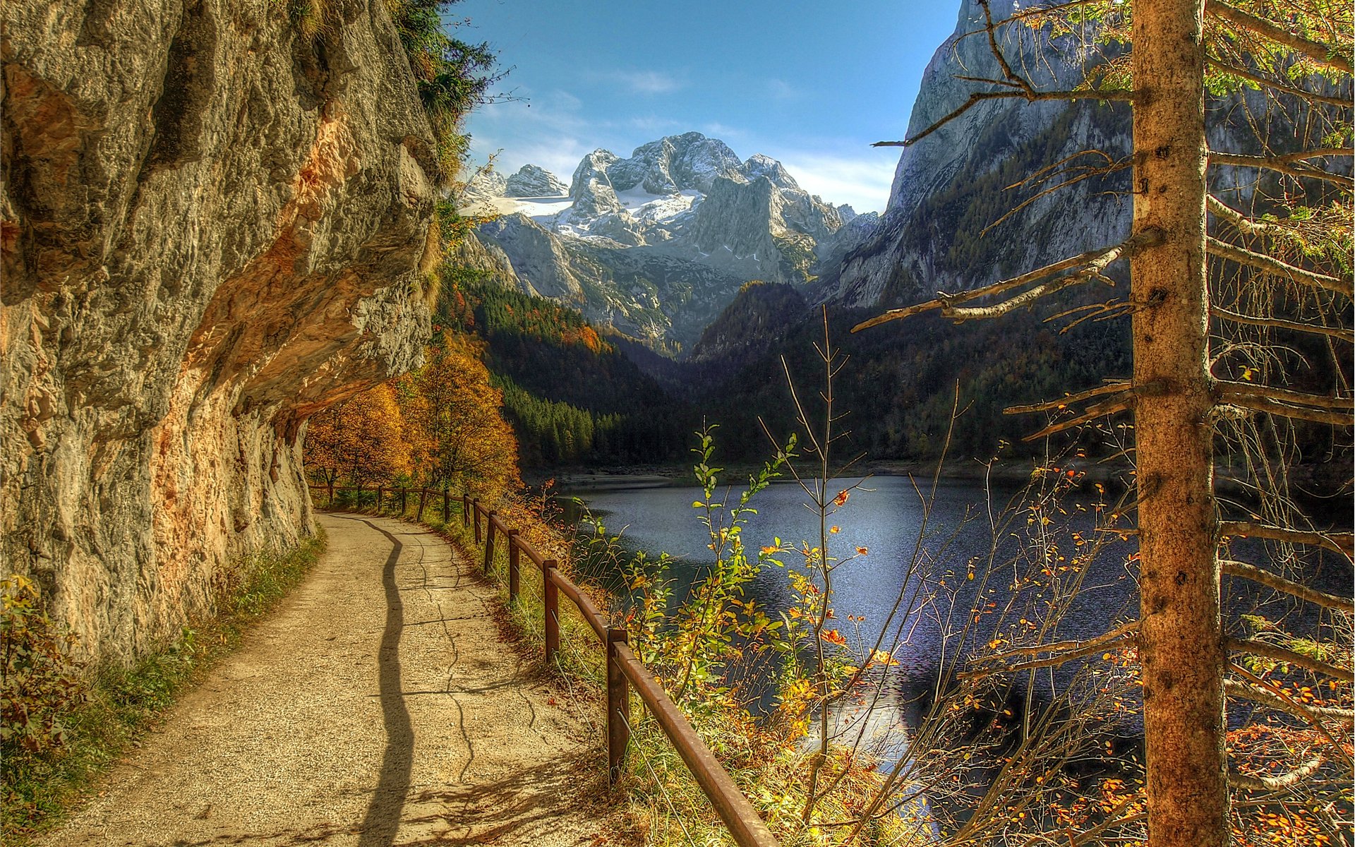 herbst klippe bäume berge hügel fluss zaun handläufe