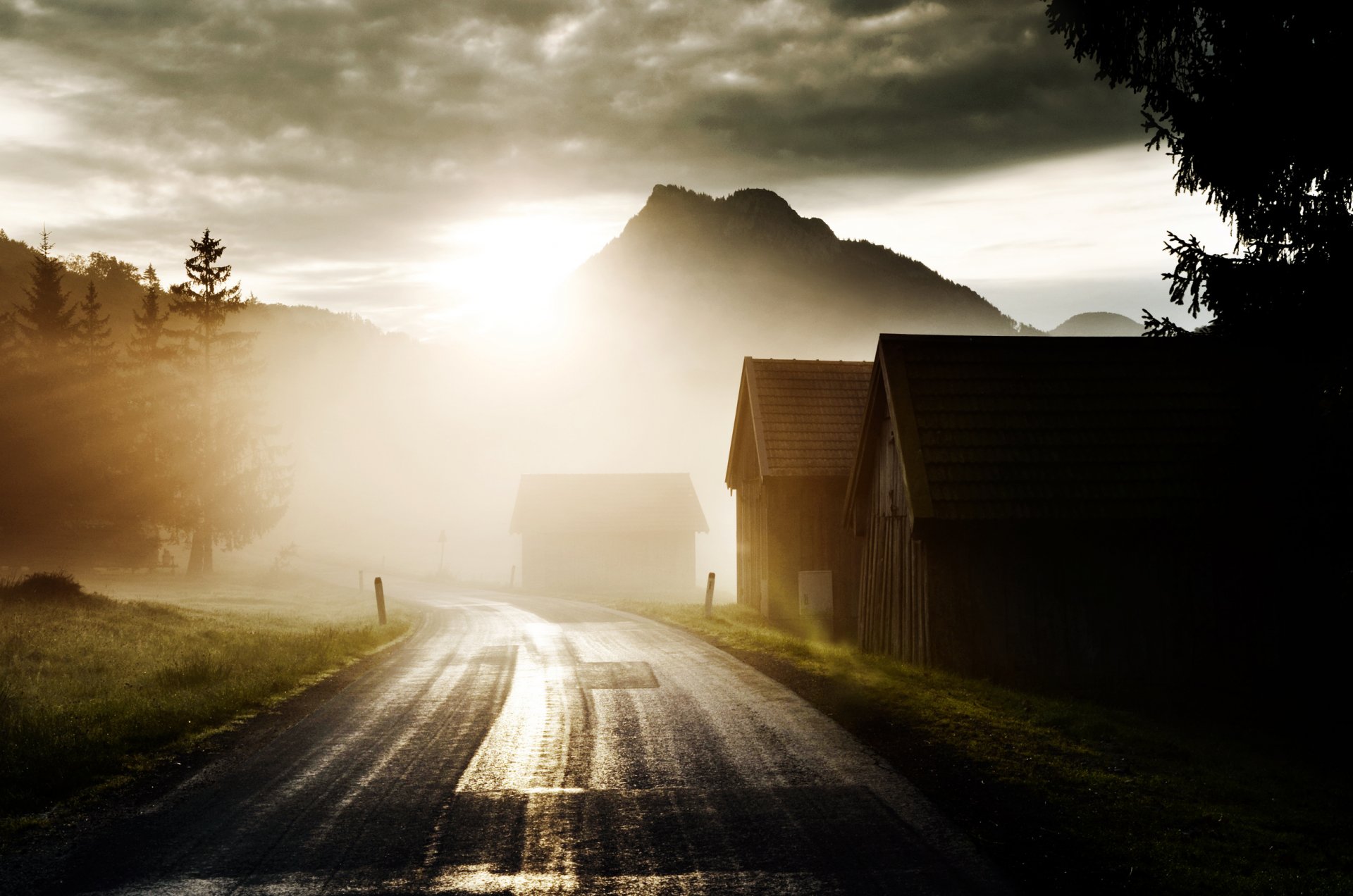 road house light sunny sun dawn mountain hill tree cloud