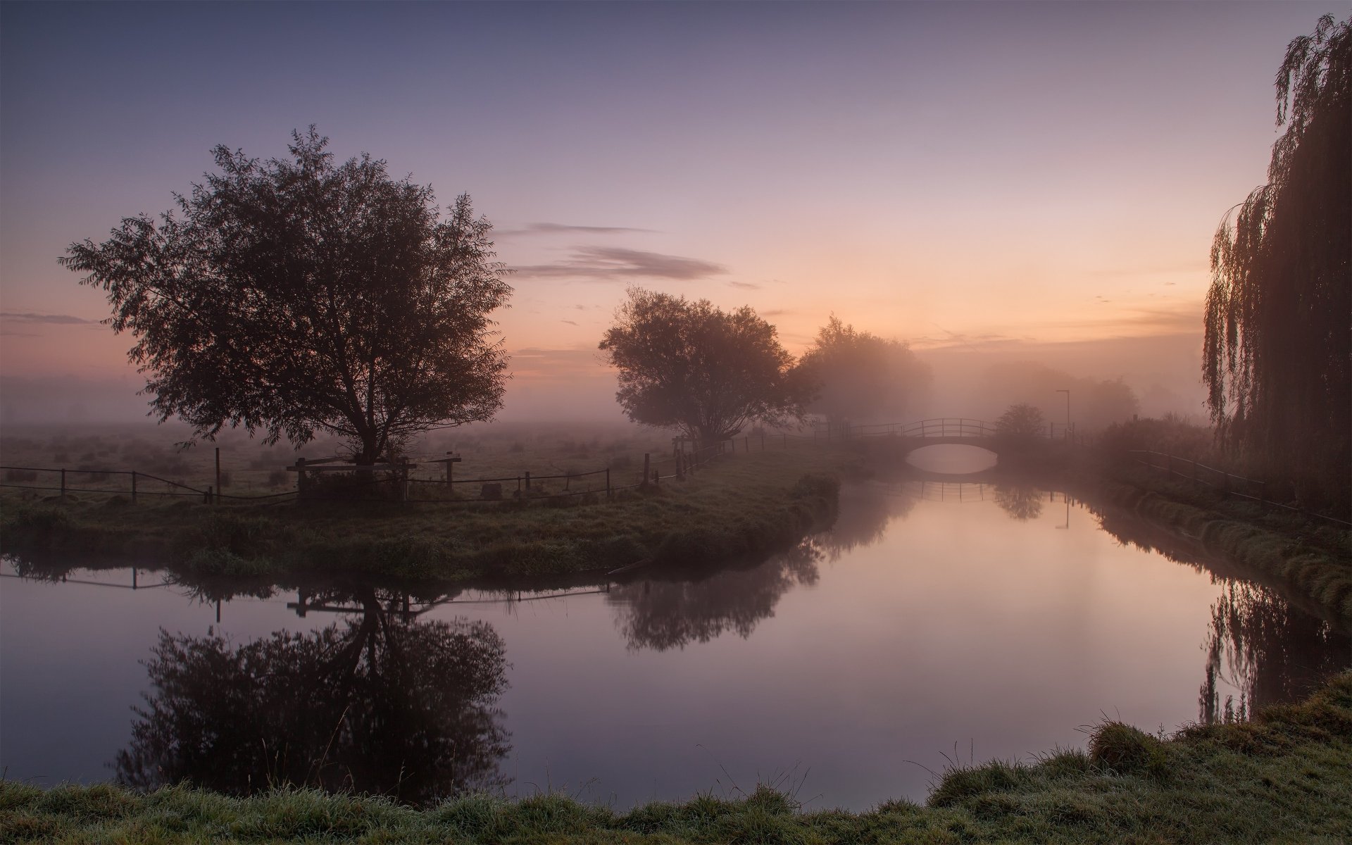 paysage rivière arbres saule matin pont brouillard orage surface