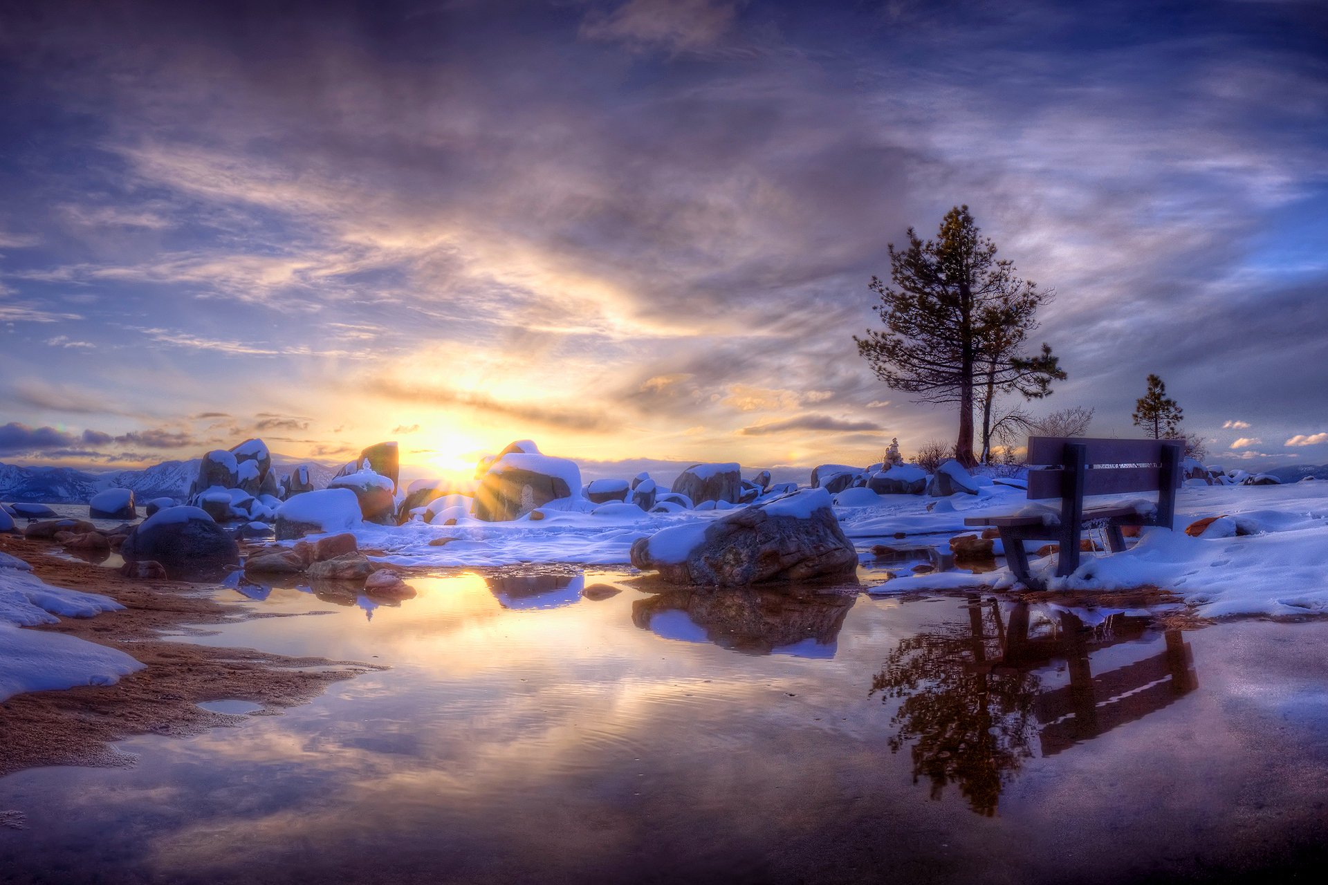 soleil hiver source neige banc