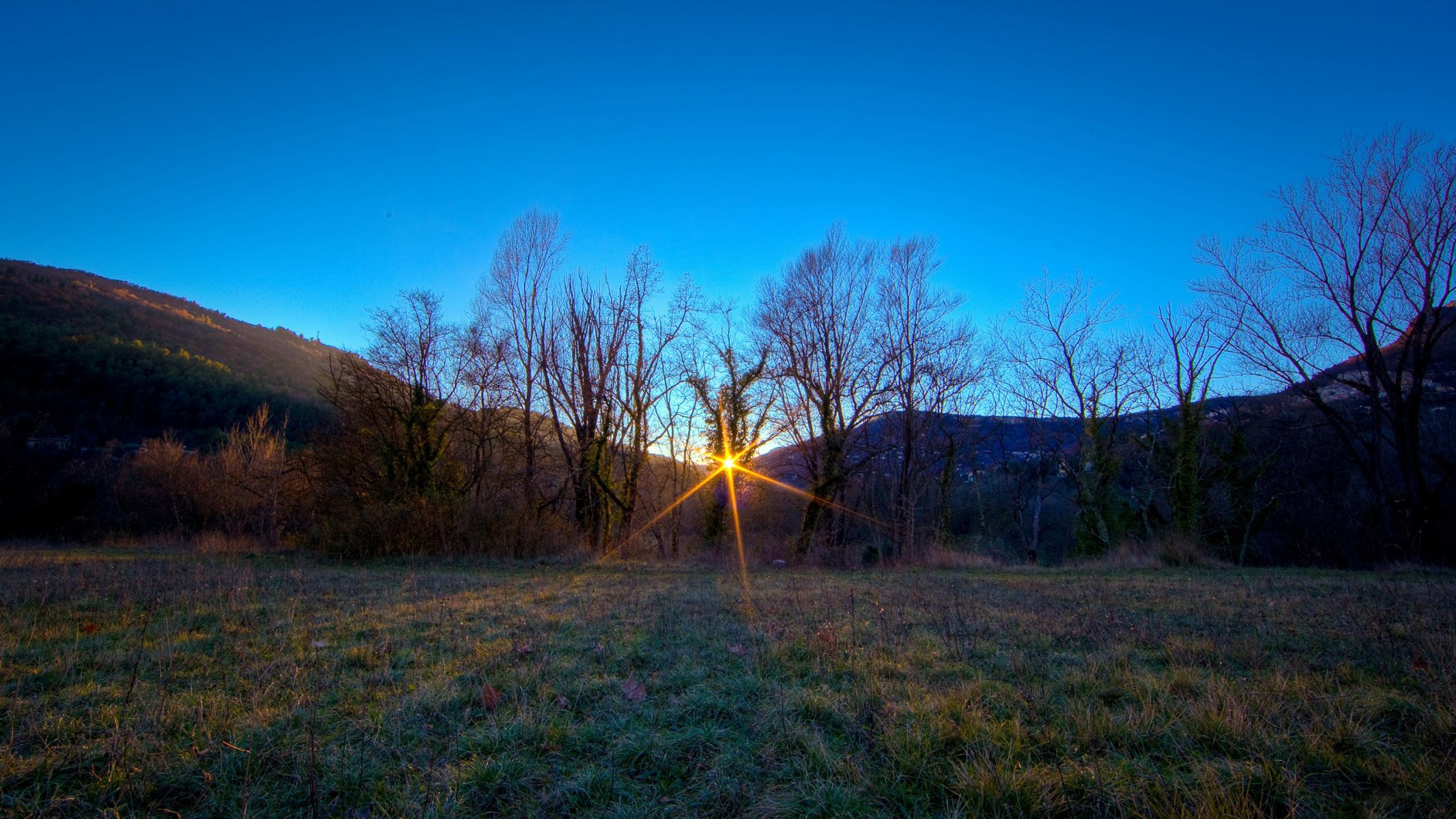 foresta alberi rami prato radura erba montagne colline pendii distanza orizzonte cielo tramonto luce raggi verde