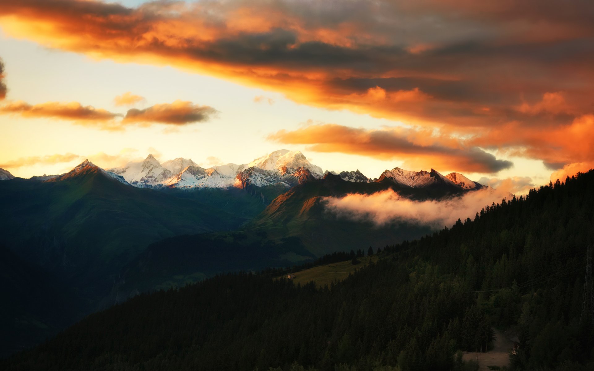 alps mountain forest sky clouds sunset