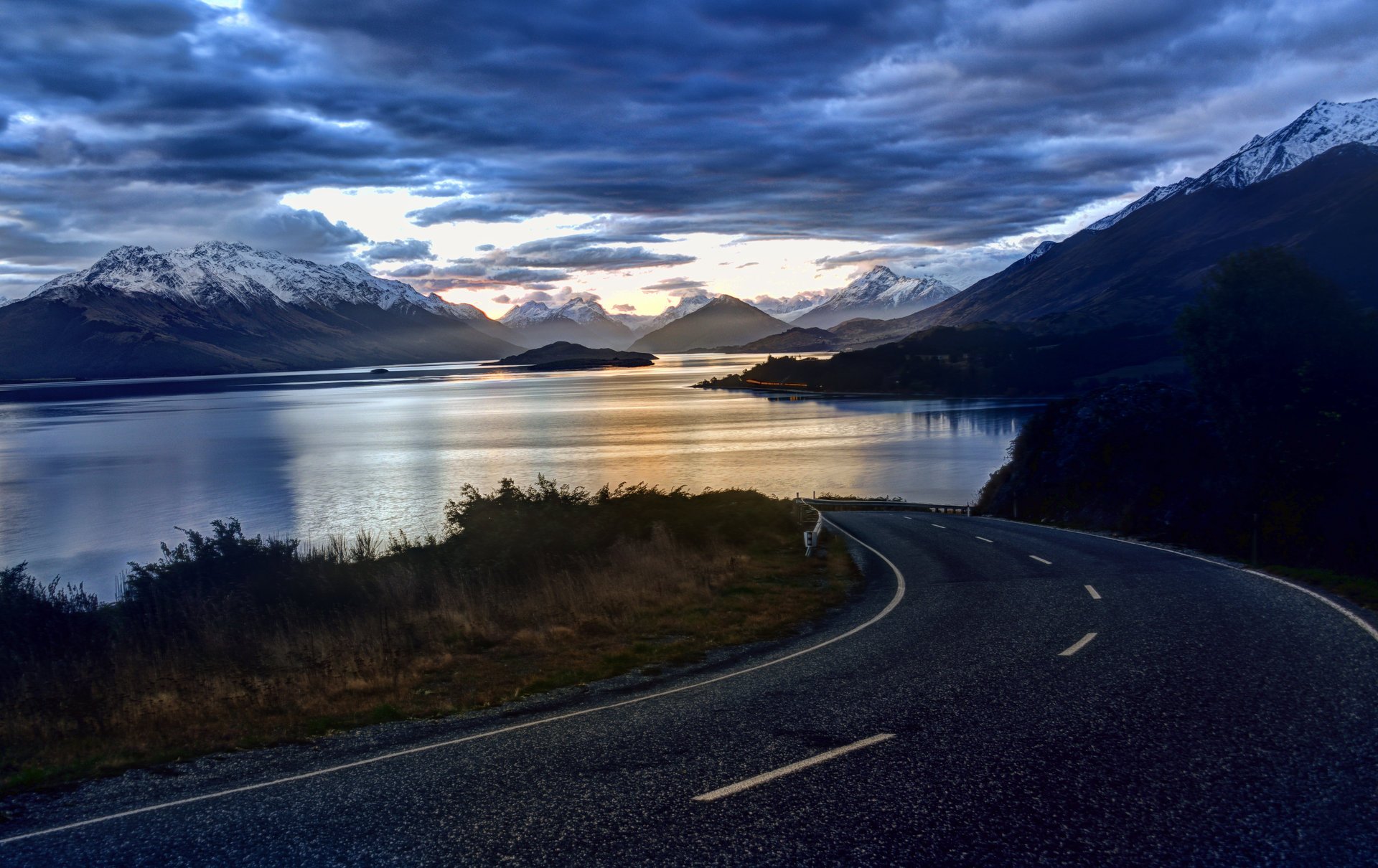 new zealand nature sky clouds lake road landscape mountain