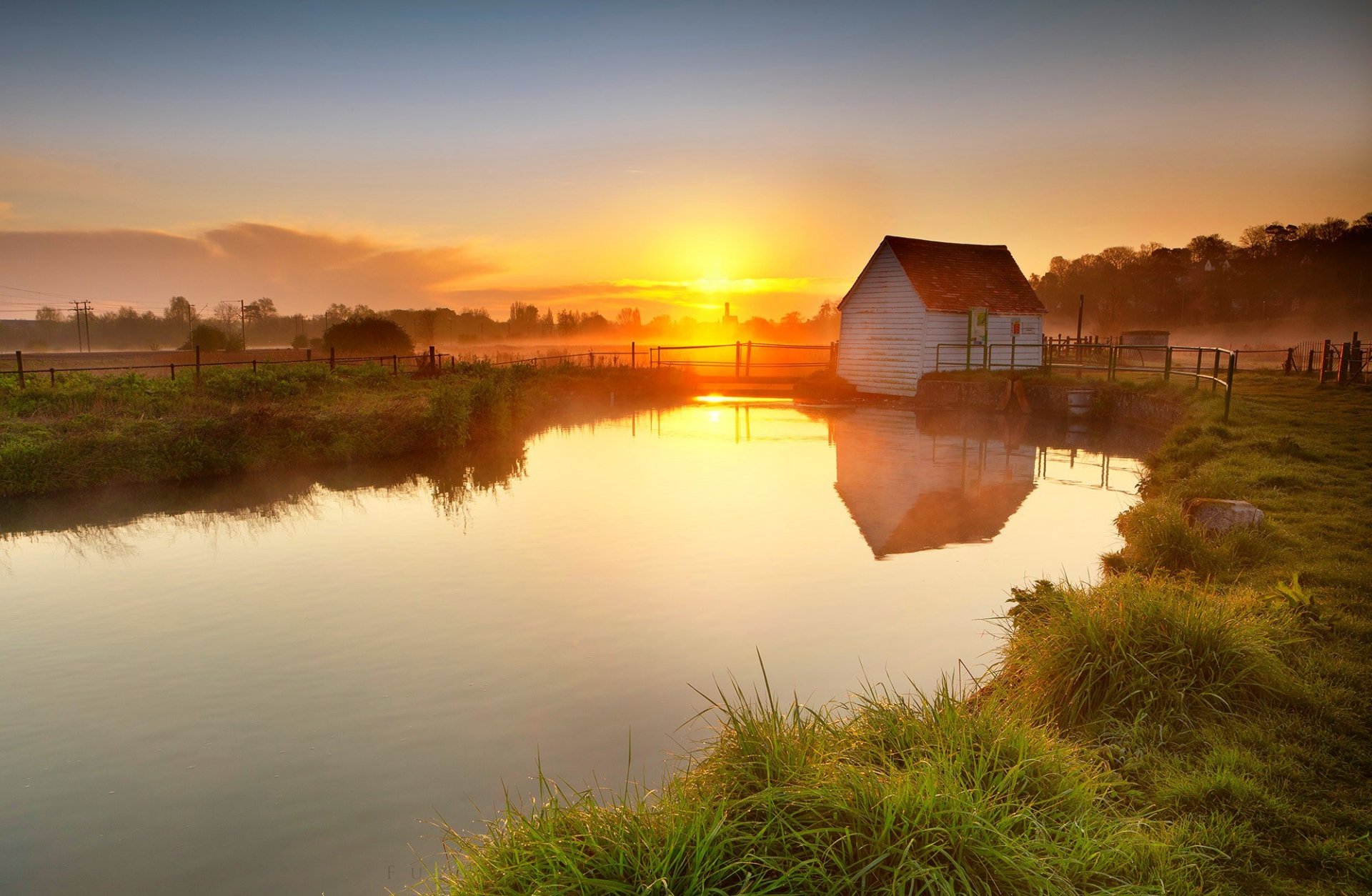 house lake grass sunset fence village night pond reflection