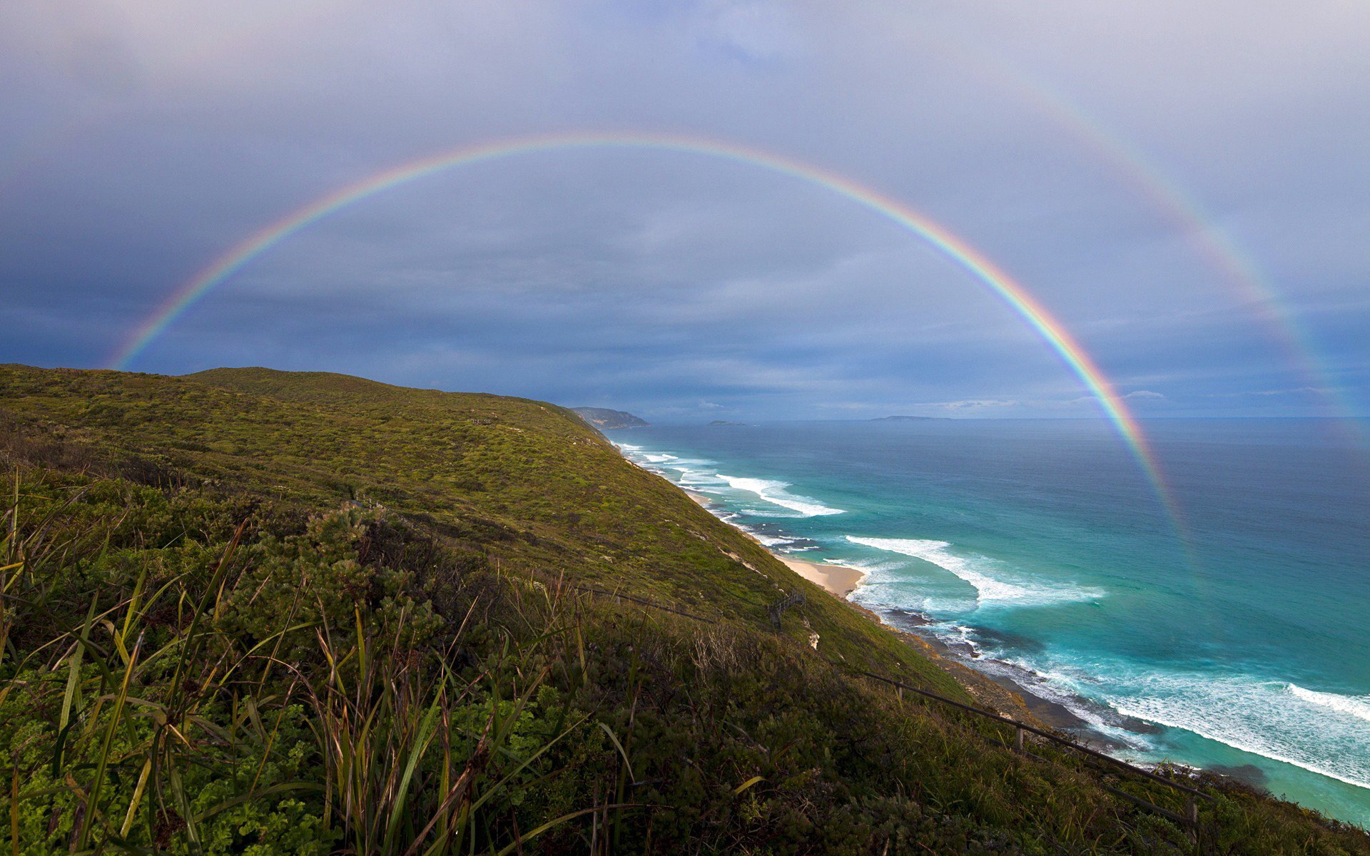 meer ozean brandung ufer küste ferne horizont himmel regenbogen