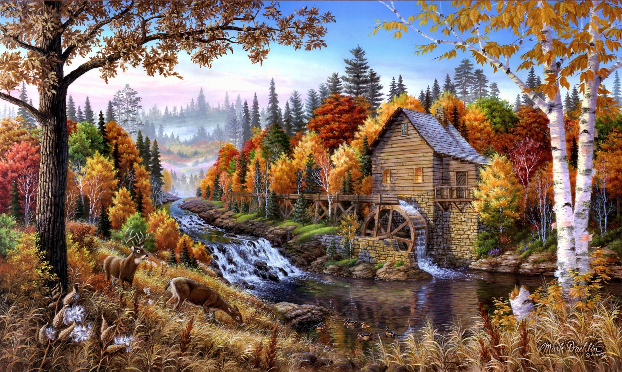 mark daehlin landscape autumn river tree water mill reindeer art nature