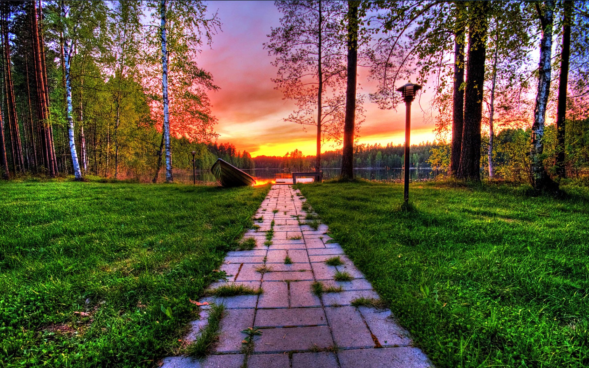 natur landschaft himmel wolken sonnenuntergang see boot bäume wald