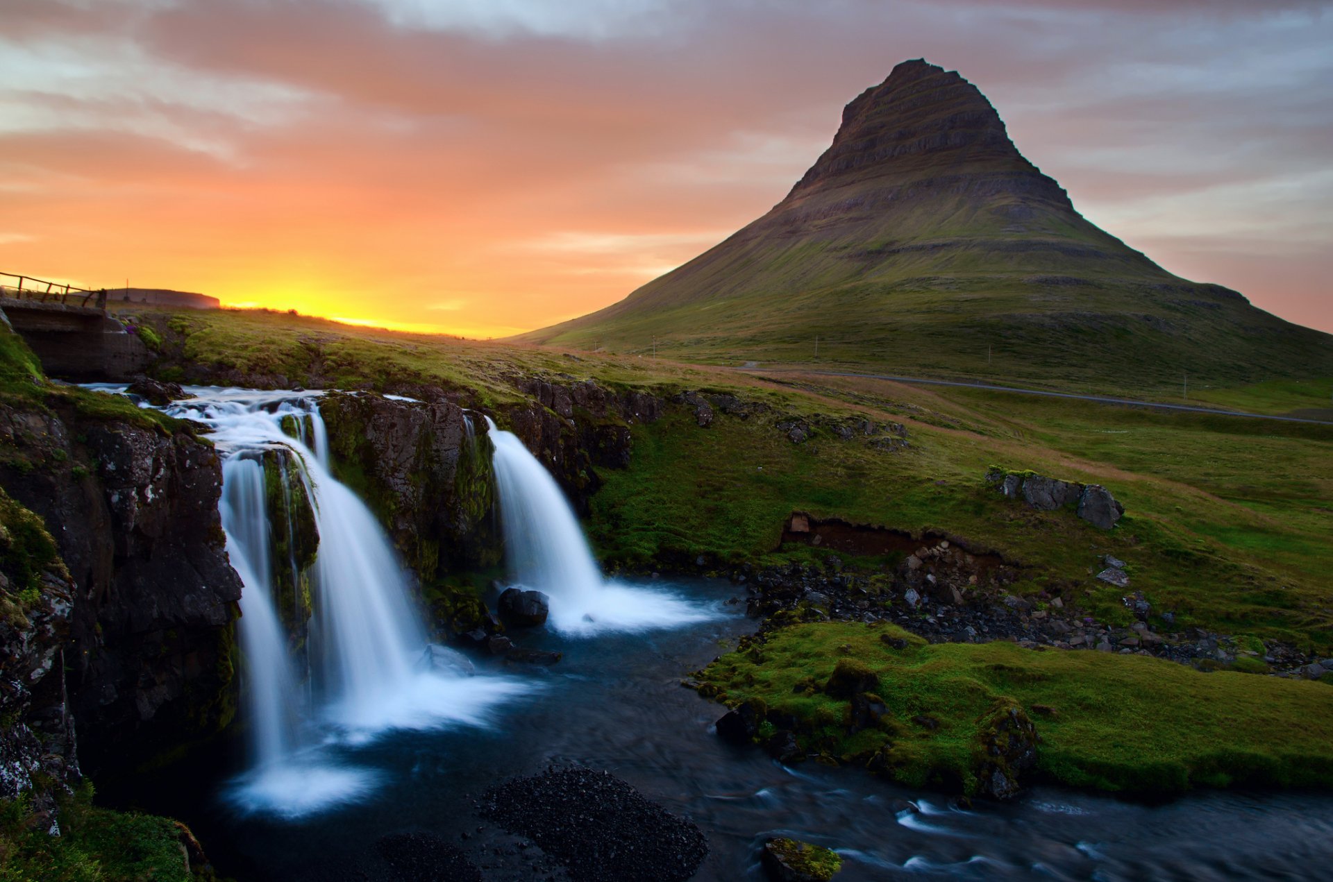 waterfall river stones mountain sky