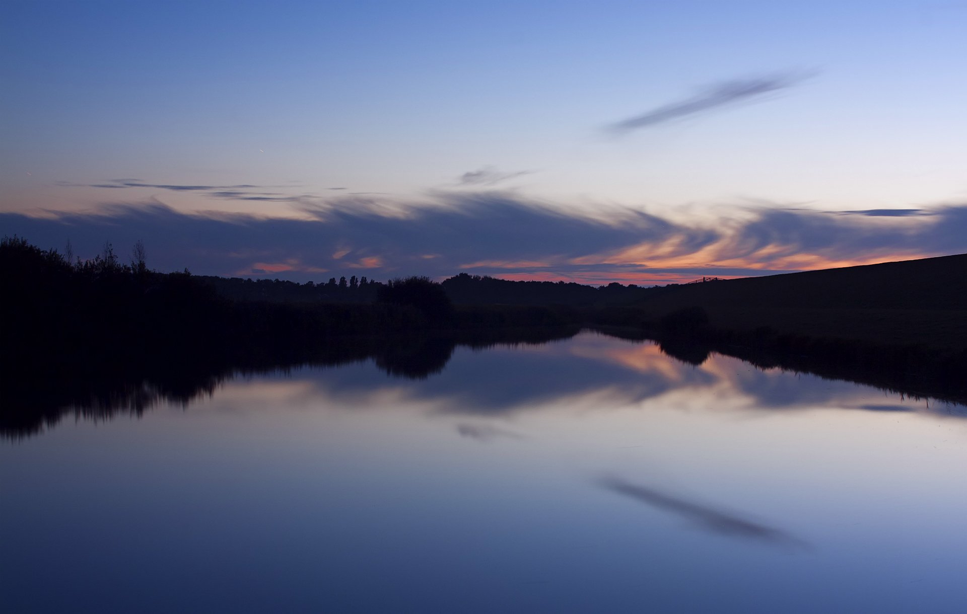 night sunset sky clouds forest tree lake reflection