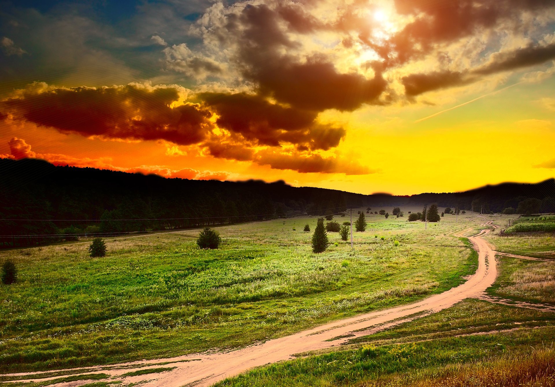 sonnenuntergang sonne himmel wolken wolken feld wald bäume gras pflanzen blumen wege straße