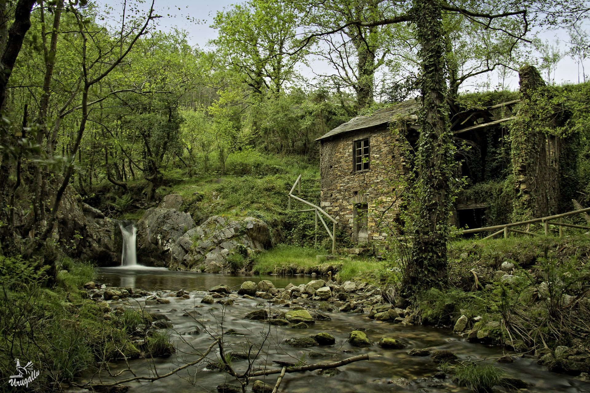 arbon spain river forest waterfall house tree stones nature