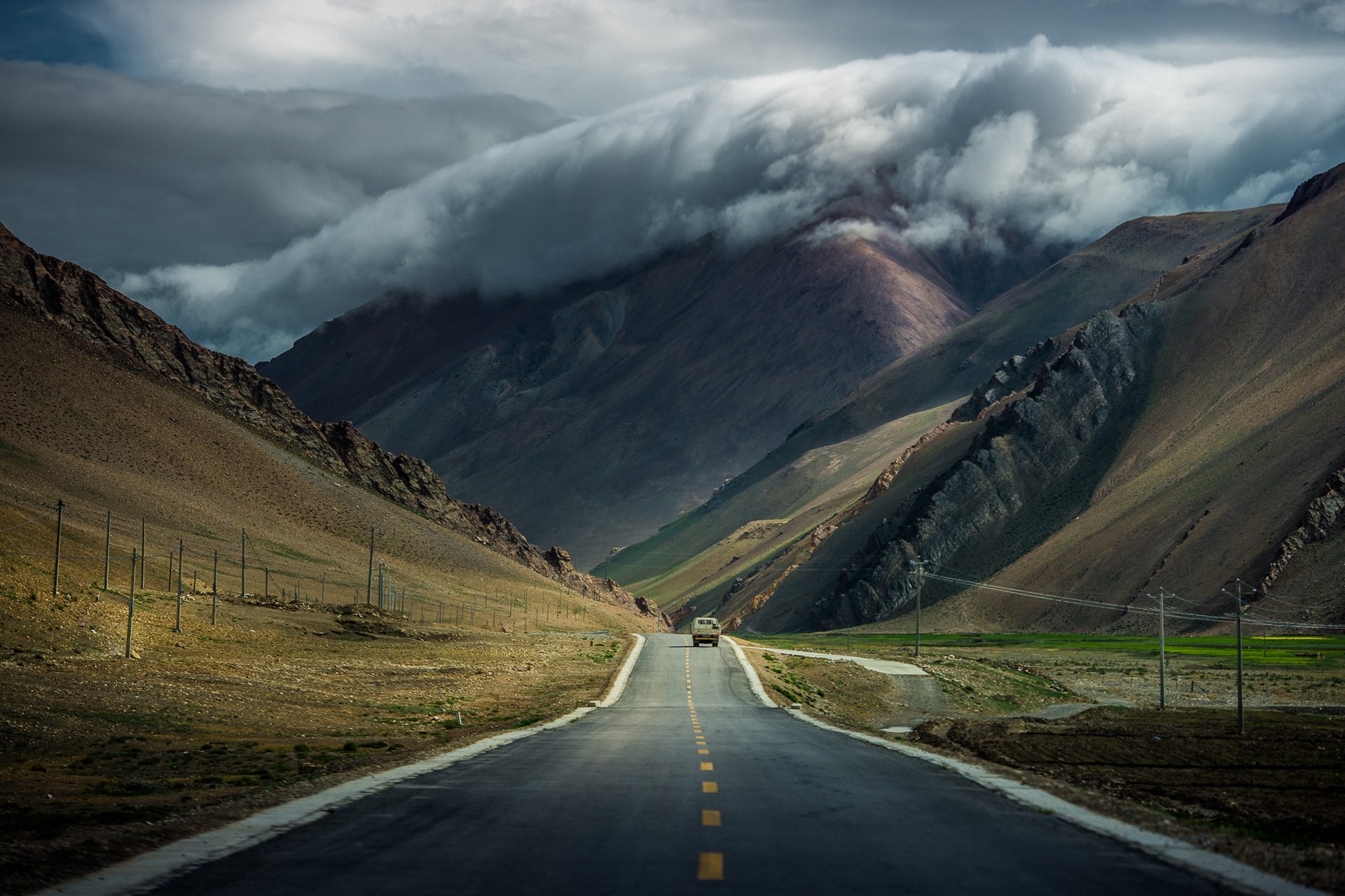 mountains tibet road car clouds cloud