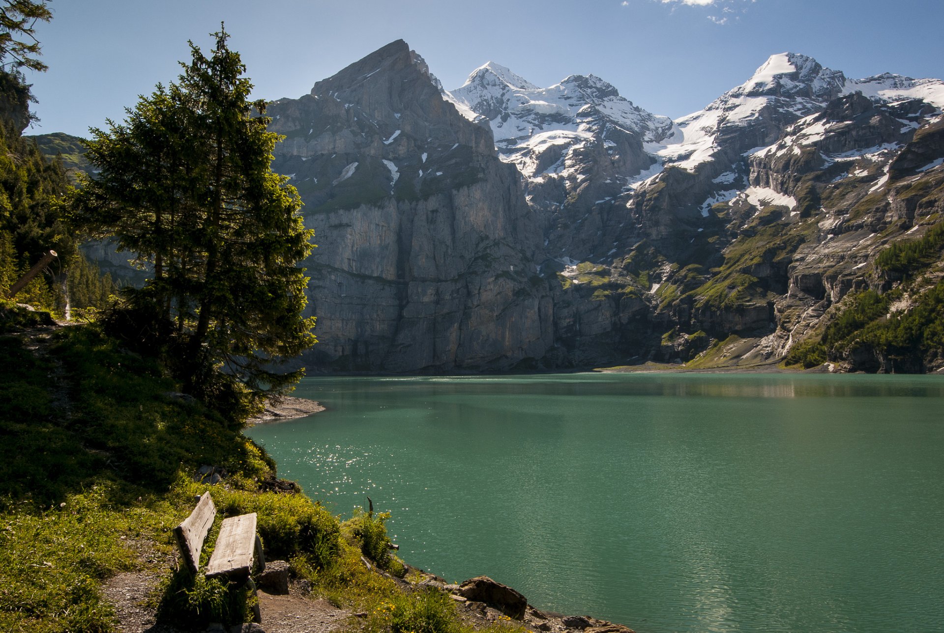 suiza montañas lago banco árboles