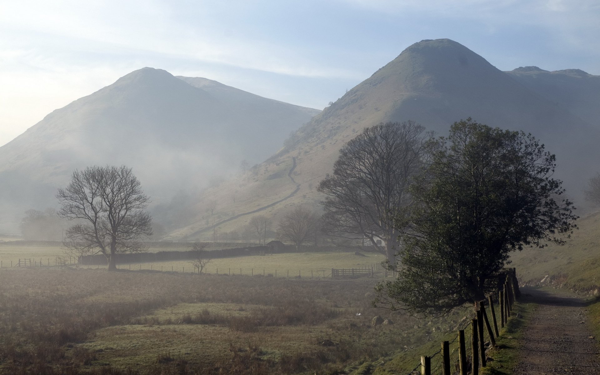 morning fog mountain road fence landscape