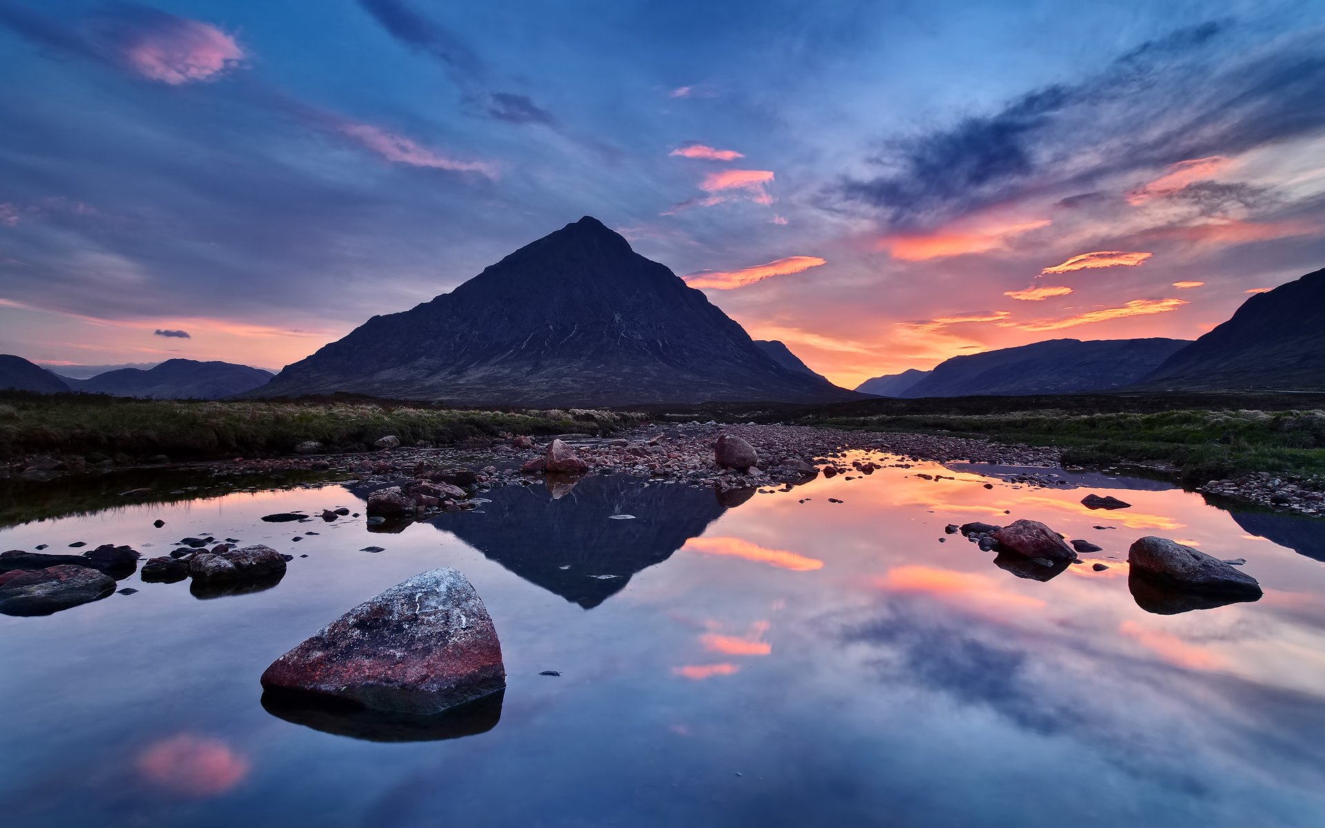 unset sky clouds mountain river stones reflection scotland