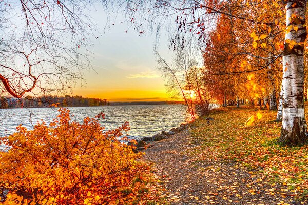 Lac dans la lumière dorée de l automne