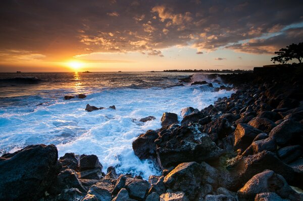 Beau coucher de soleil dans le port