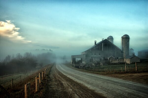 Giorno nebbioso. Strada che attraversa la nebbia