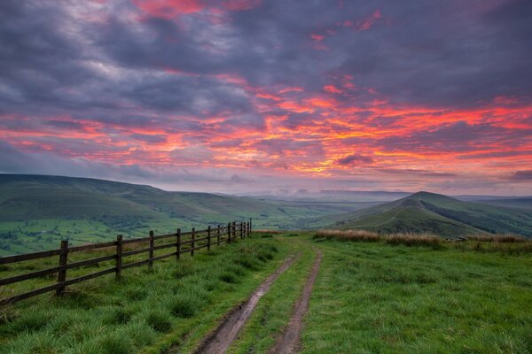 Fiery sunset over the road