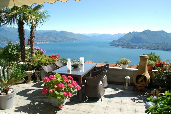 View of a beautiful interior against the background of mountains