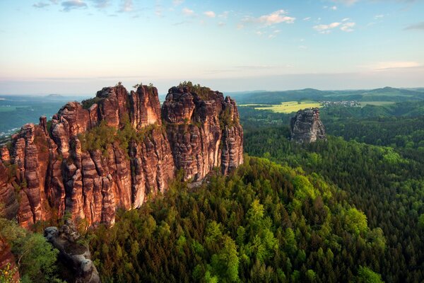 Montañas en medio de las hojas verdes de los árboles