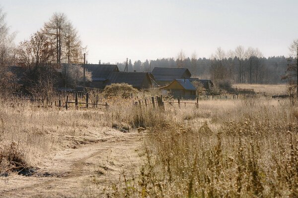 Autumn in the village with a view of houses and nature