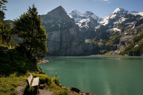 Lac parmi les montagnes et les arbres en Suisse