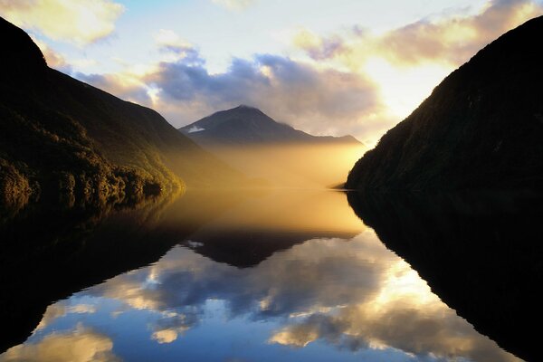 New Zealand misty lake among the mountains