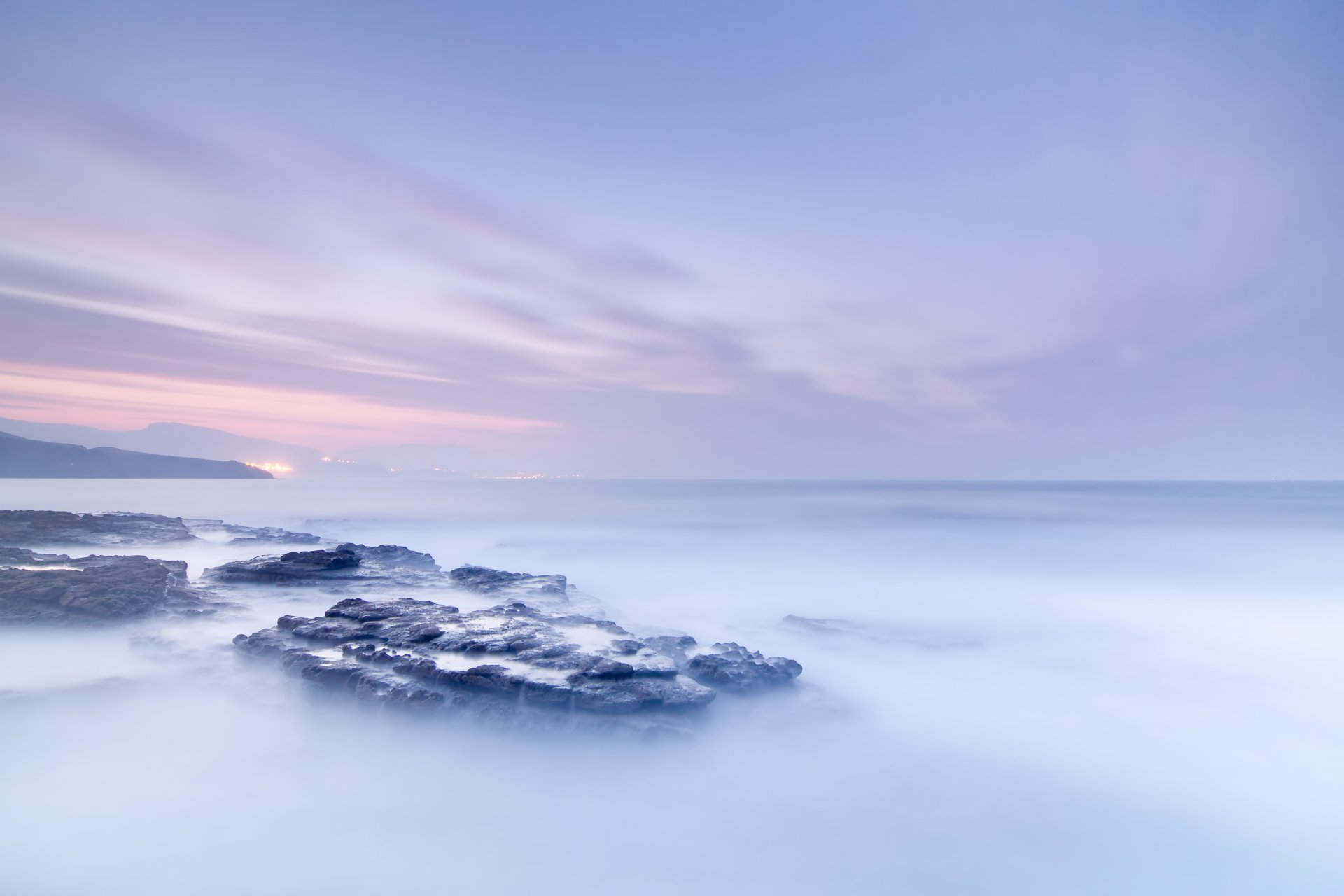 dawn sea ocean stones fog