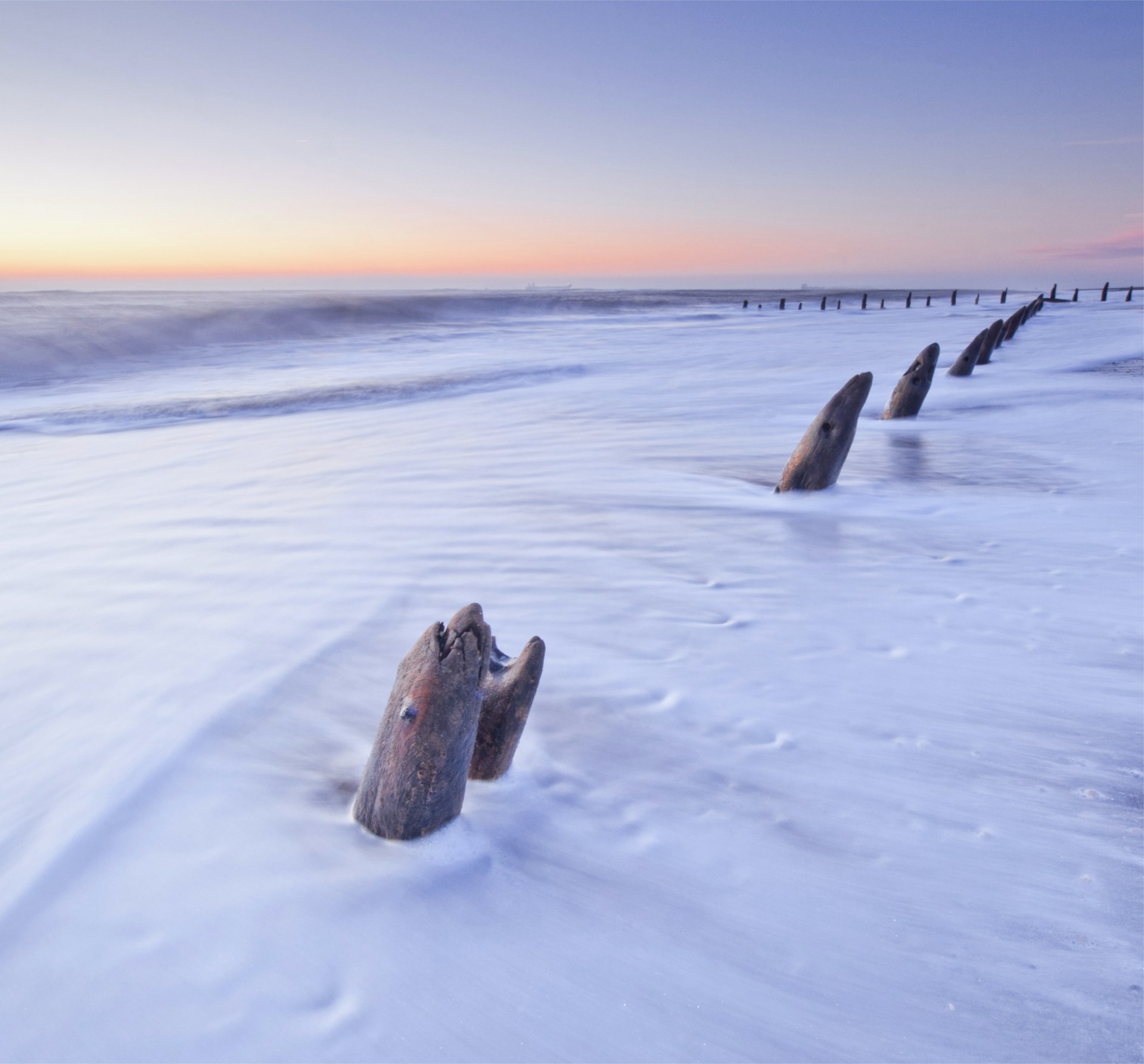 regno unito inghilterra mare del nord riva tronchi sera arancione tramonto cielo