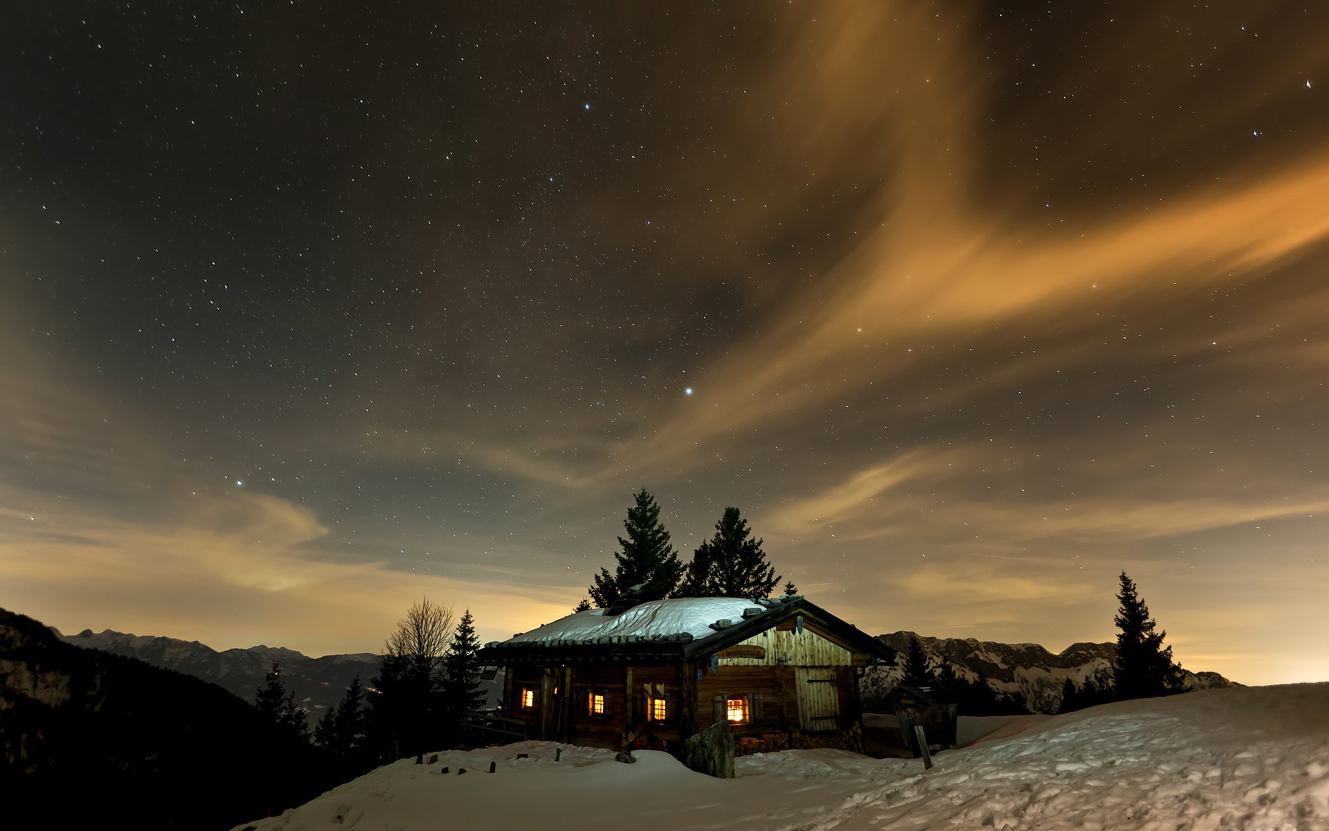 dämmerung himmel sterne berge schnee winter lichter hütte