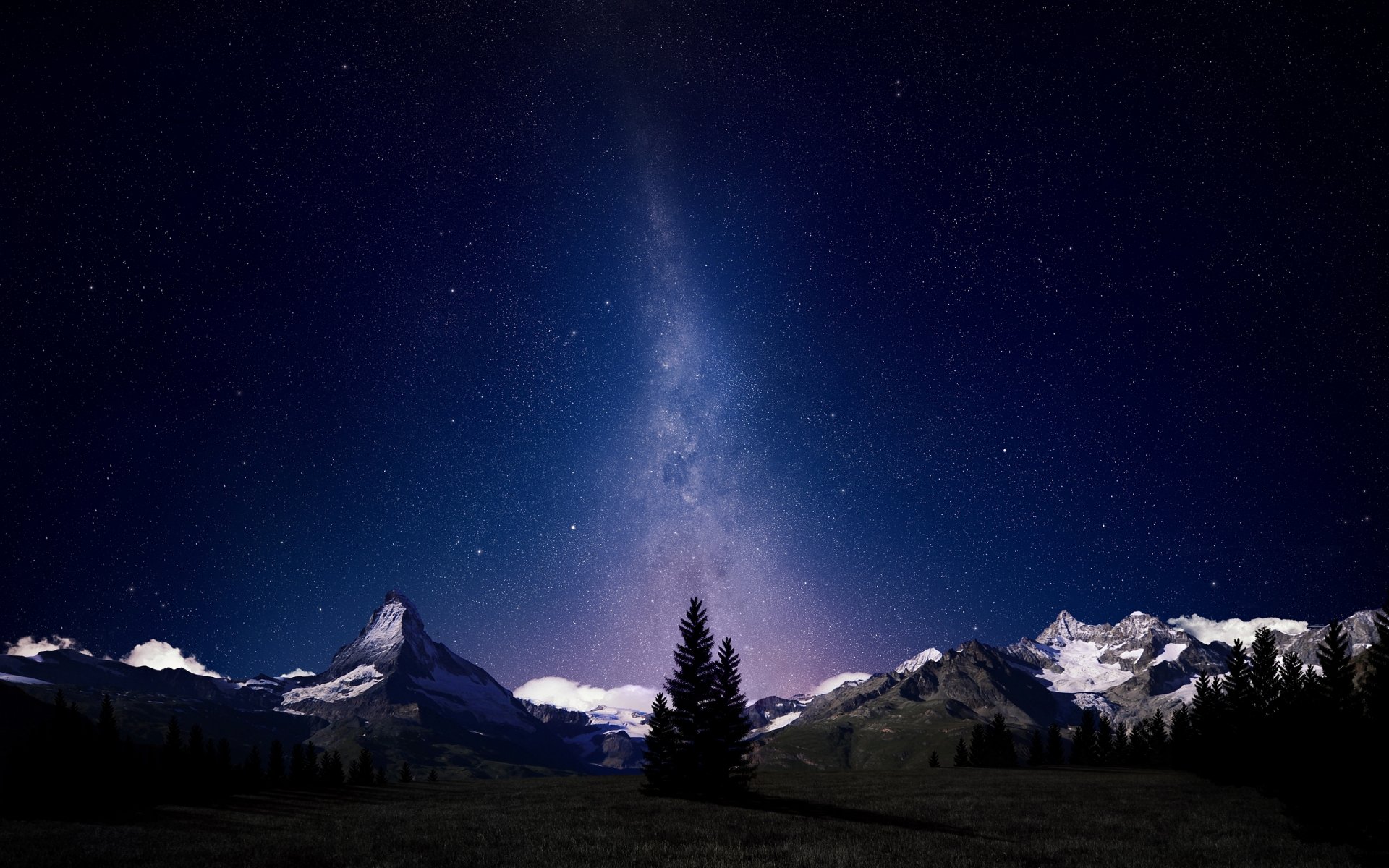 alpen berge nacht milchstraße sterne wald