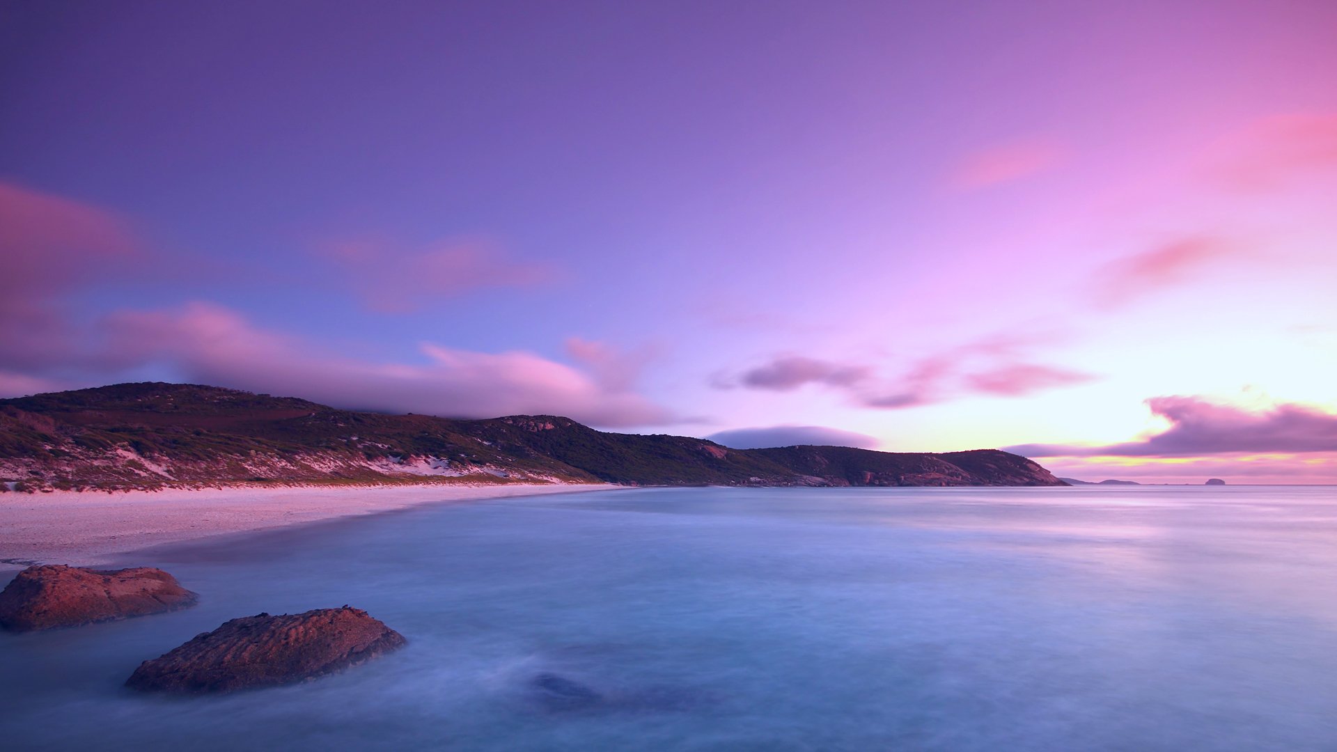 evening sea ocean water smooth surface shore beach lilac sky cloud