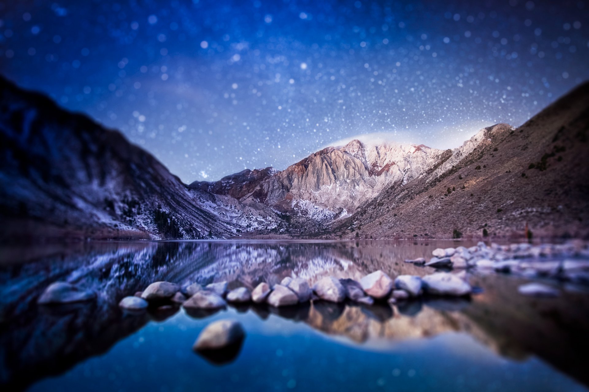 mountain convict lake sierra nevada in california usa tilt shift bokeh night morning