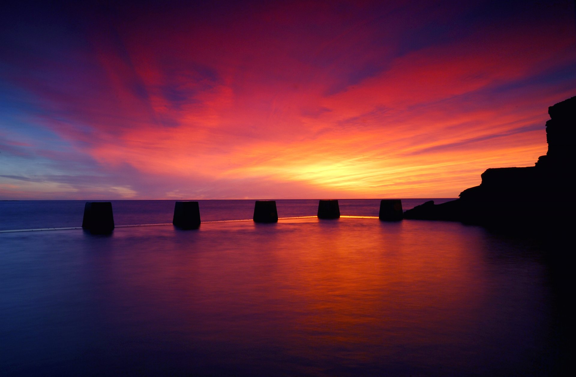 night sunset sky clouds sea ocean calm reflection