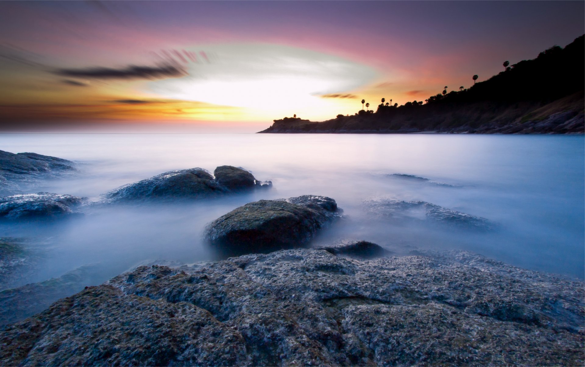 thailand phuket island sea ocean calm coast beach stones night sunset sky