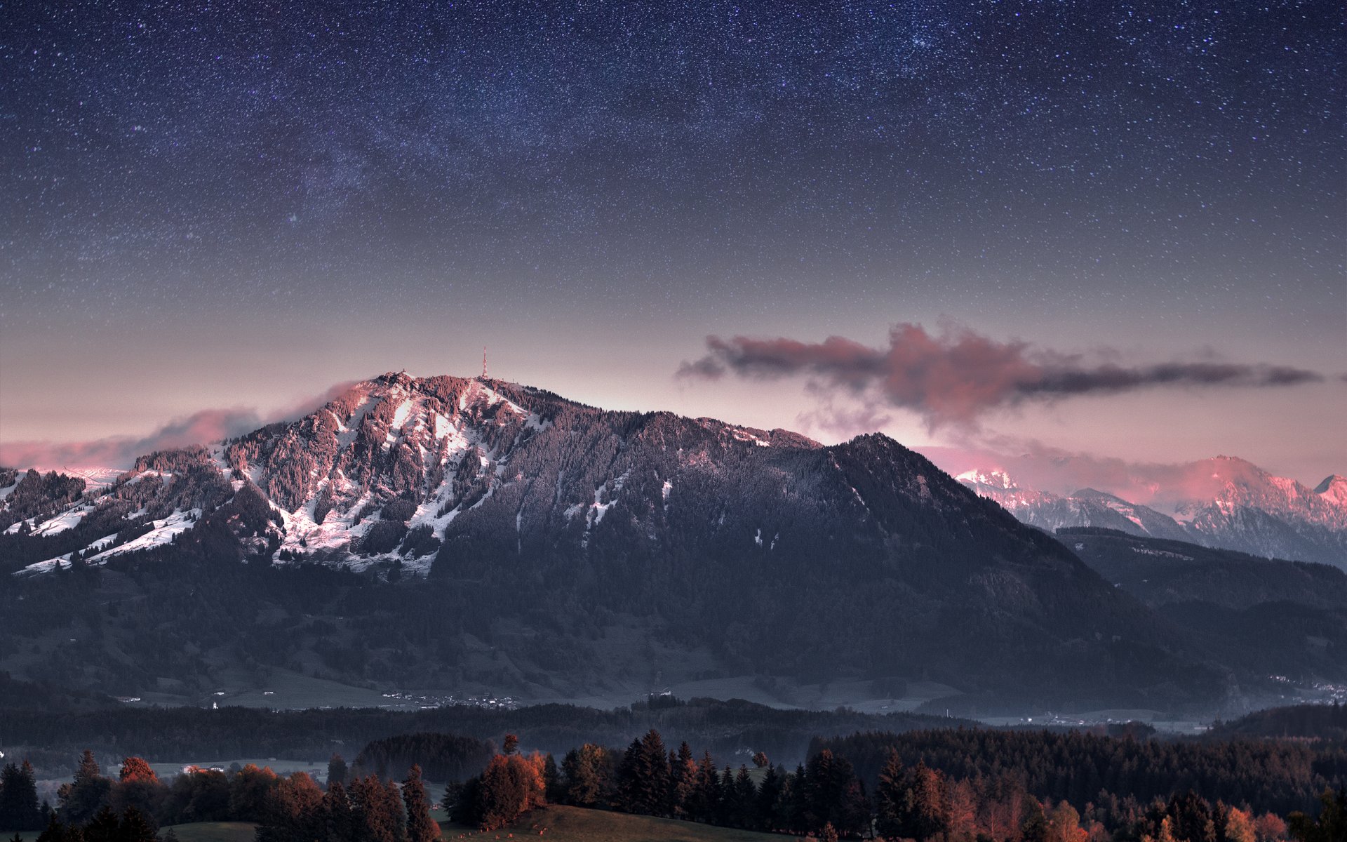 allemagne montagnes crépuscule soirée forêt arbres ciel étoiles voie lactée